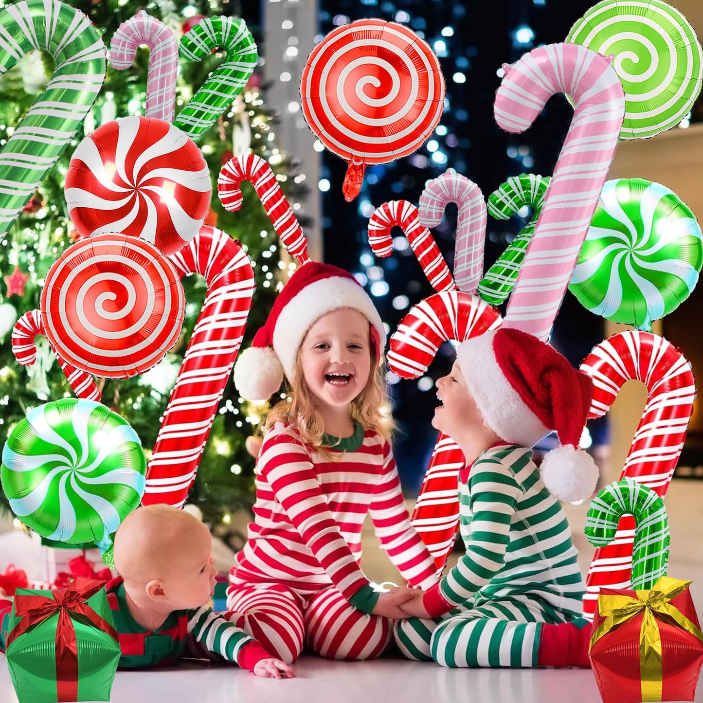 24 Pcs Christmas Balloons, Candy Cane Swirl Gift Box Balloons, Foil Red Green Pink Balloons Kit for Christmas Party Birthday Candy Themed Party Decorations