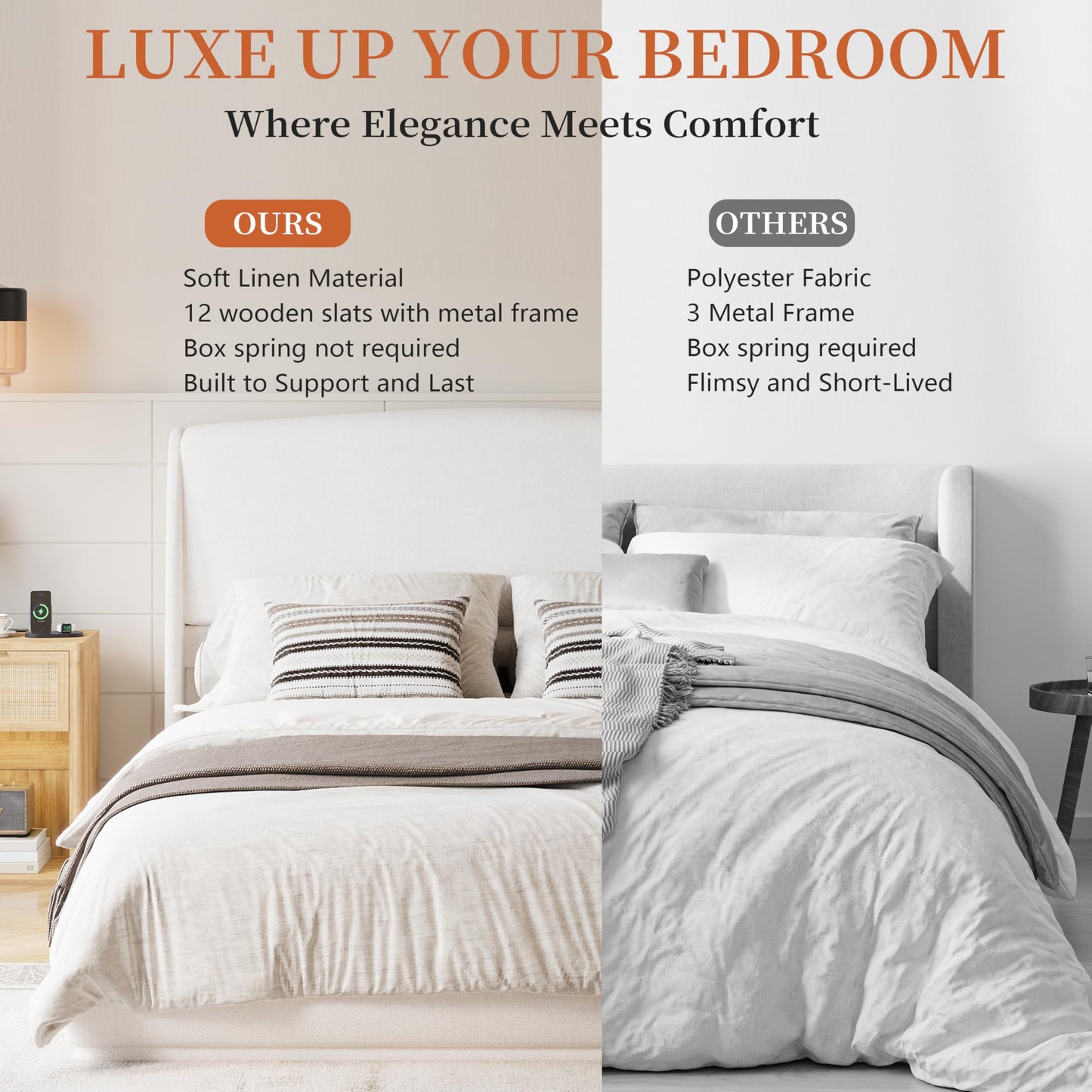 Merax Queen Bed Frame with Wingback Headboard, Low Profile Platform Bed, Linen Fabric, No Box Spring Needed, Wood Slat Support, Easy Assembly, Beige