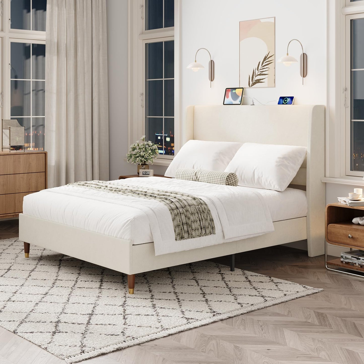 MALOL Queen Size Bed Frame with Upholstered Headboard, Linen Fabric Platform Bed Frame with USB Charging Ports, No Box Spring Needed, Sturdy Metal Support, Noise Free, Modern Bedroom Furniture,Beige