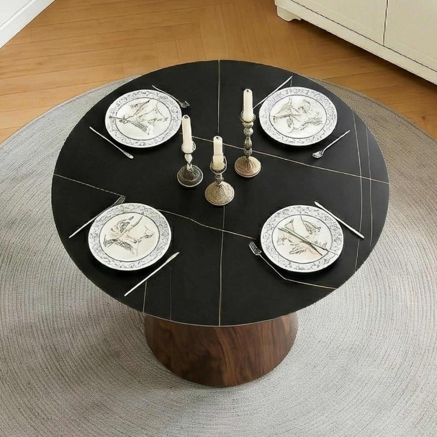 BAOPIN Round Dining Table for 4, 42 Inch Sintered Stone Dining Room Table, White and Black Small Kitchen Table with Stable Pedestal, Modern Marble Dining Table for Kitchen, Apartment, Restaurant