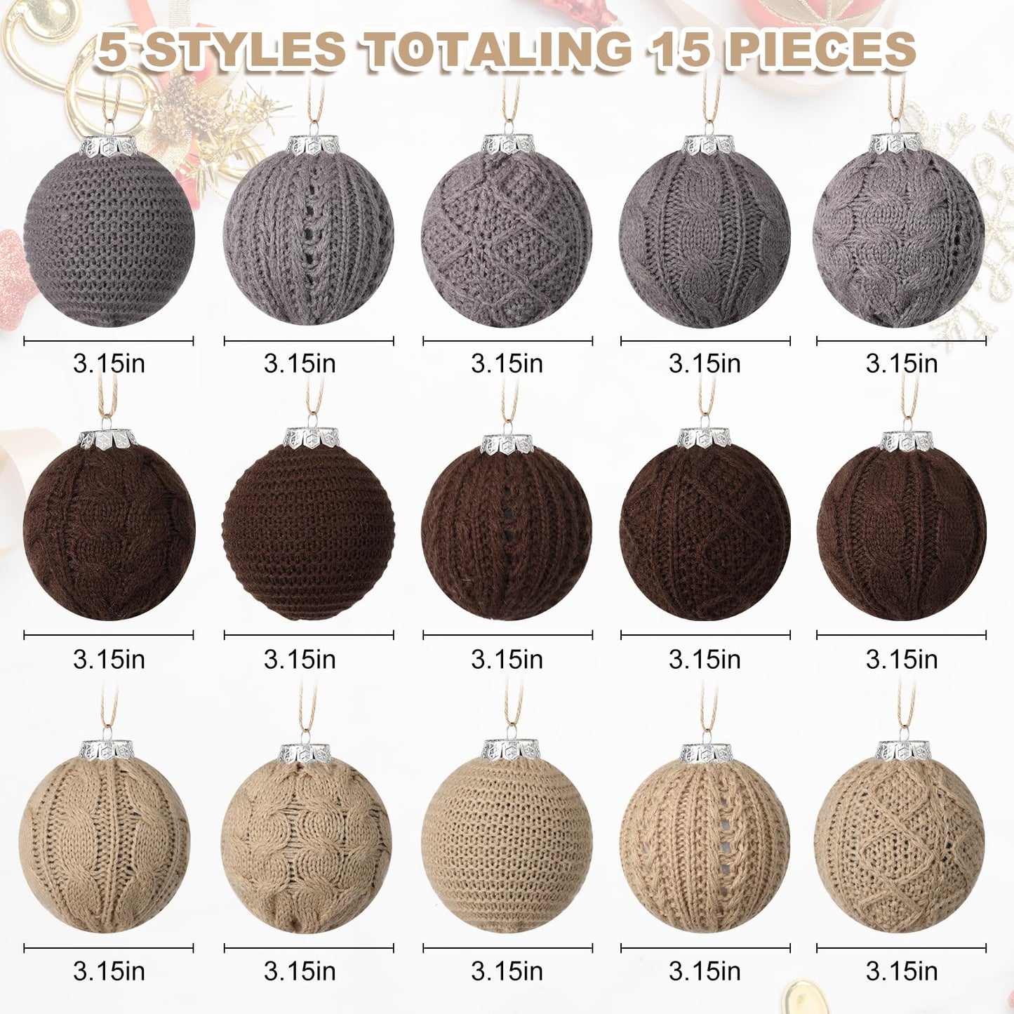 15-Pack Neutral Christmas Ornaments Crochet Christmas Balls - Handmade Style Yarn Ornaments,3.15 inch Knitted Cotton Baubles for Rustic Farmhouse Holiday Xmas Gift Decor (Grey Scheme)