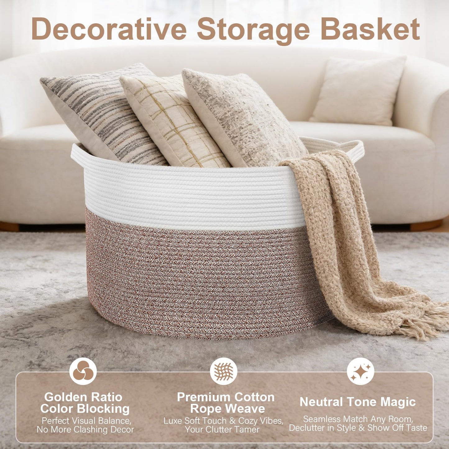 90L Extra Large Blanket Basket for Living Room - Cotton Rope Laundry Hamper Woven Baskets XXL Storage Bin with Handles for Dirty Clothes, Kids, Pets, Toys, Bedroom, 23'' x 23'' x 13'', White & Brown