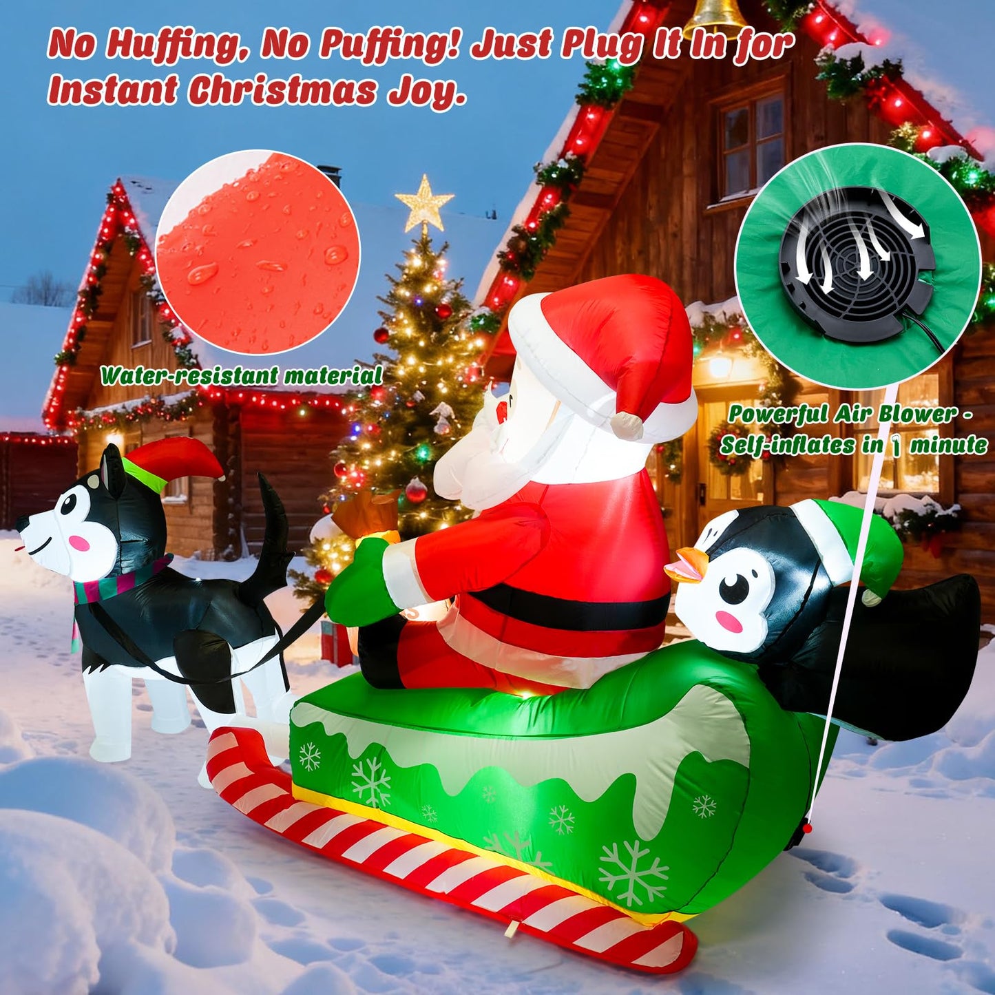 Meland Christmas Inflatables Outdoor - 9.5 FT Christmas Blow Ups Yard Decorations with Lights & Three Characters - Dog, Santa Clause on Sleigh, Penguin, Inflatable Decorations for Outside, Lawn Decor