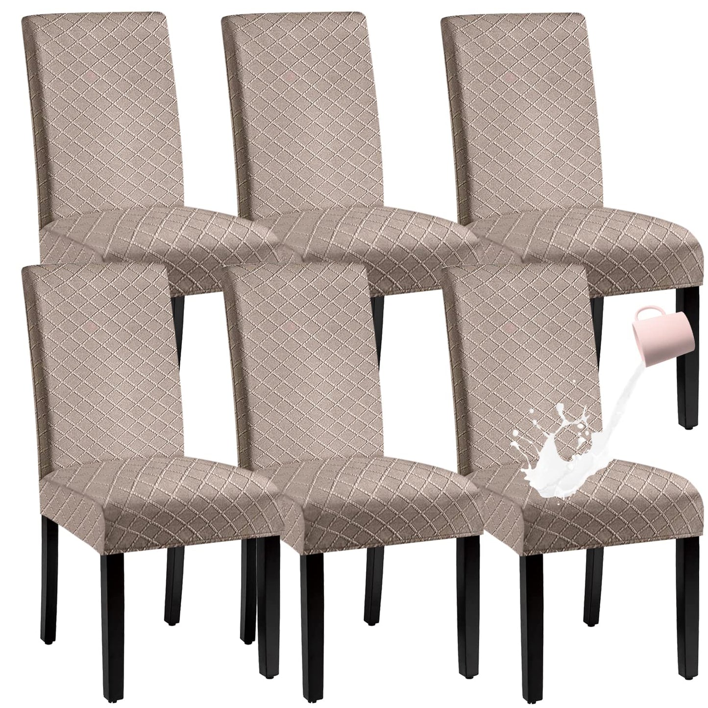 BOGUANG Waterproof Dining Chair Cover,Spandex Fabric Fit Stretch Chair Slipcover,Removable Washable Jacquard Parsons Chair Covers (Khaki,Set of 6)