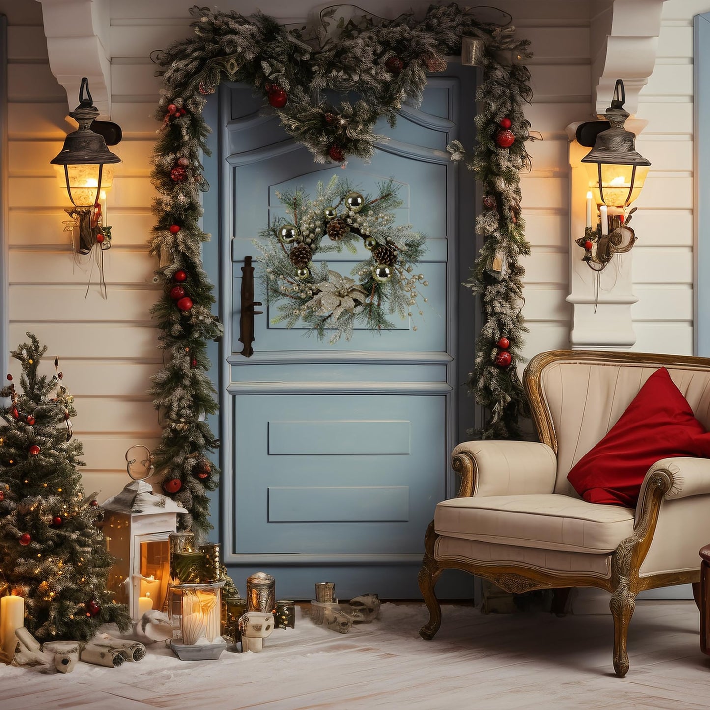 Zavothy Christmas Wreath 20 Inch Christmas Decorations Wreath with Lights,Balls,Pine Cones,Golden Berries,Pine Needle and Artificial Flower for Outdoor Indoor Christmas Decorations