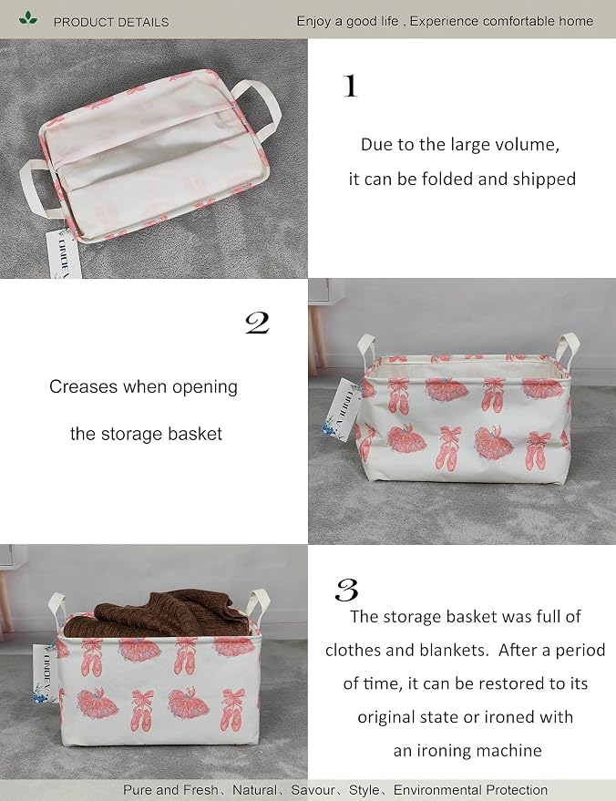 Rectangular Folding Laundry Basket,waterproof Canvas Basket,Gift Basket,Suitable for Children's Room,Office,Clothes,Toys Storage(Pink lace dance shoes)
