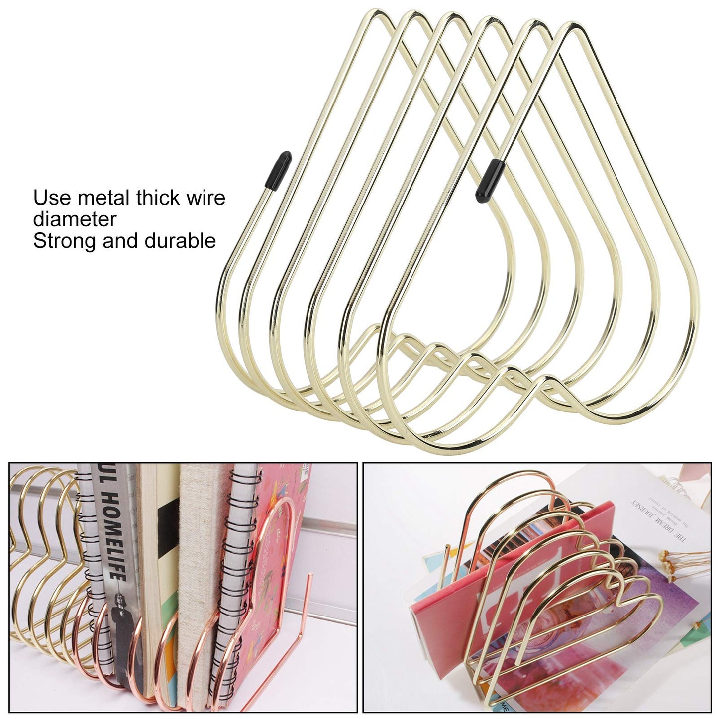 Kodrily Folder Holder for Desk, Heart Shaped Desk File Organizer Vertical File Holder, 5 Slots Iron Gold File Holder, Telescopic Book File Organizer Stand for Desk File, Gold