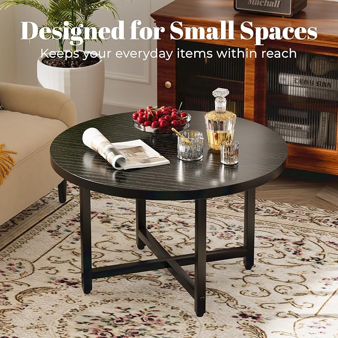 FAMIDGE Round Coffee Table, Small Coffee Tables for Living Room, Black Coffee Table with Metal Frame, Floor Table Desk for Sitting on The Floor, Home, Office, Farmhouse, Black (23.6" D x 17.7" H)