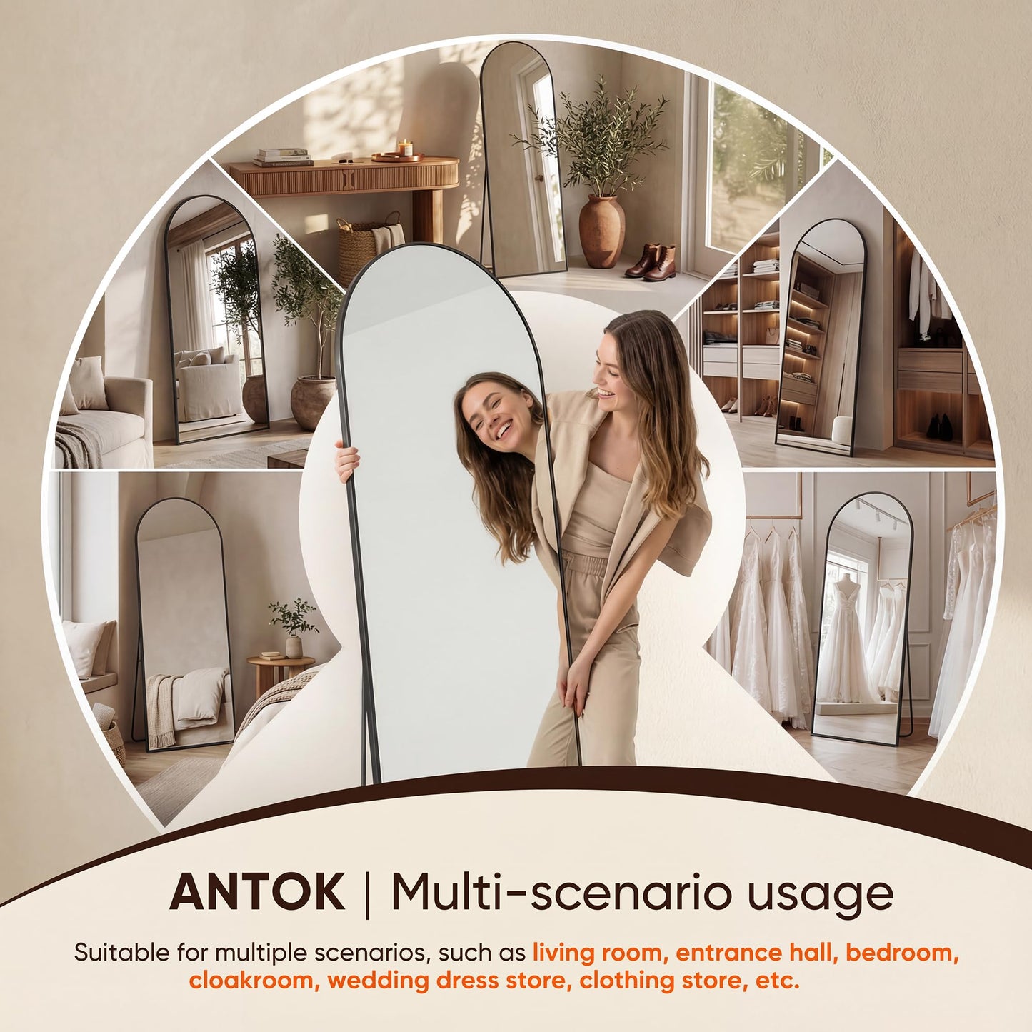 Antok 81" x41” Arched Full Length Floor Mirror, Black Aluminum Frame, Free Standing/Wall Mount/Leaning for Bedroom, Living Room, Dressing Room