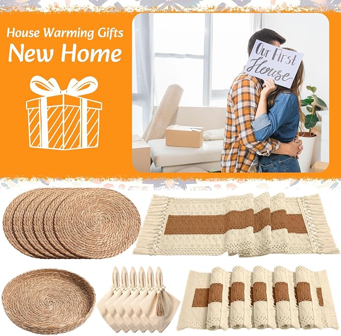 6 Sets Boho Decoration Placemats Round Woven Placemats, Cloth Napkins, Wood Bead Napkin Rings, Long Table Runner and Farmhouse Burlap Cotton for Table Kitchen (Caramel,12x72)