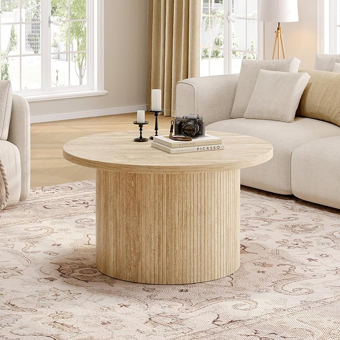 ONBRILL 31.5" Round Coffee Table, Tambour Design Coffee Tables for Living Room, Mid Century Modern Wood Coffee Table, Drum Accent Small Center Table, Travertine Texture