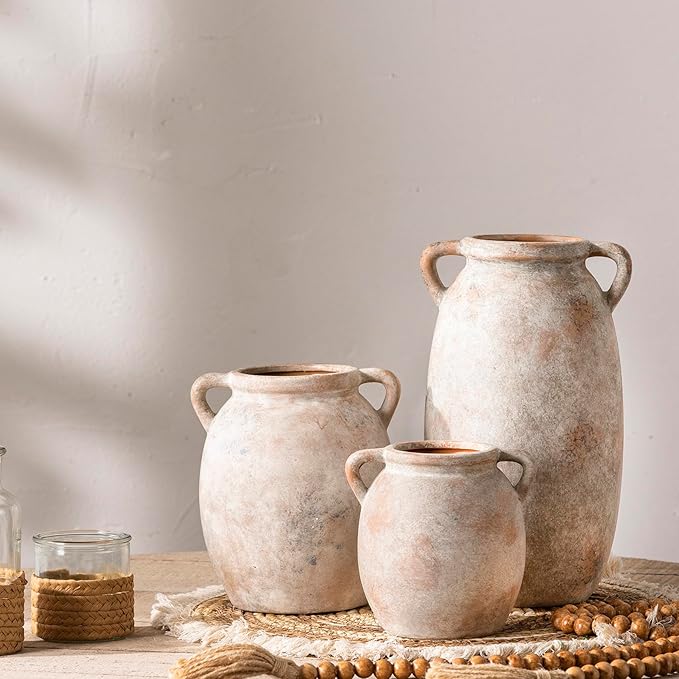 Dobbyby Ceramic Flower Vase 7.6 inch Farmhouse Rustic Vase Decorative Pottery Terracotta Vases for Home Decor Table Mantle Fireplace Living Room Bathroom Wedding Centerpiece (Whitewashed)