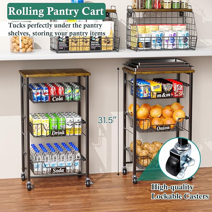 OKZEST 4-Tier Kitchen Storage Cart on Wheels – Mobile Fruit Basket Stand with Drawers & Wooden Top, Small Rolling Pantry Shelf for Potatoes, Onions, Bottled Drinks, Cans, Snacks – Includes 3 PE Liners