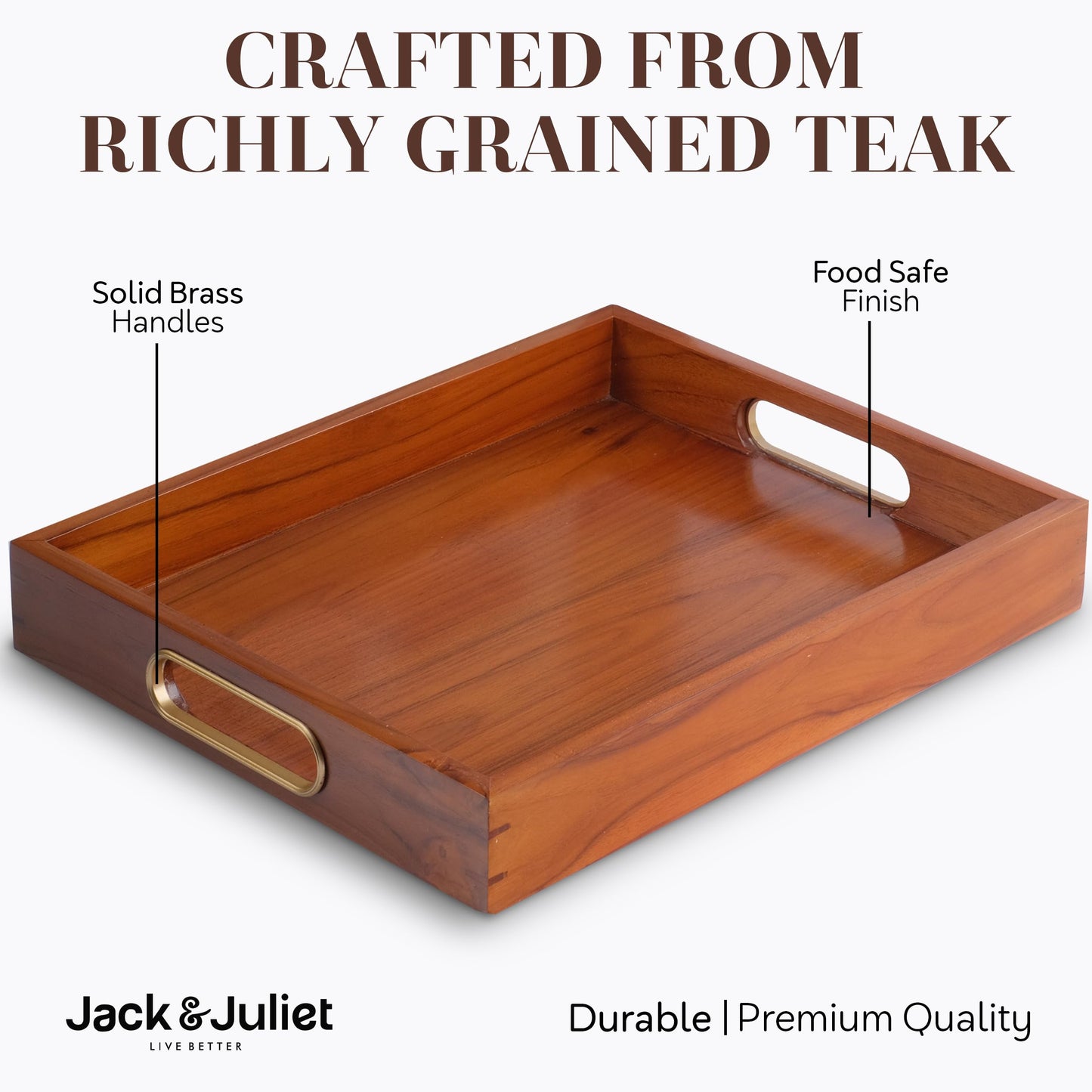 Jack & Juliet Teak Wood Ottoman Tray – Large Wooden Multifunctional Tray with Real Brass Handles - Non Slip Base in Food-Safe Finish - Gift-Ready Packaging for Coffee Table and Home Decor (Cherry)