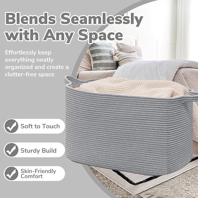 Goodpick 105L Extra Large Blanket Basket 25" x 16" x 16" Cotton Rope Storage Bins for Dirty Clothes, Rectangle Woven Laundry Basket for Living Room Bedroom, Toy Storage Baskets for Kids, Gray