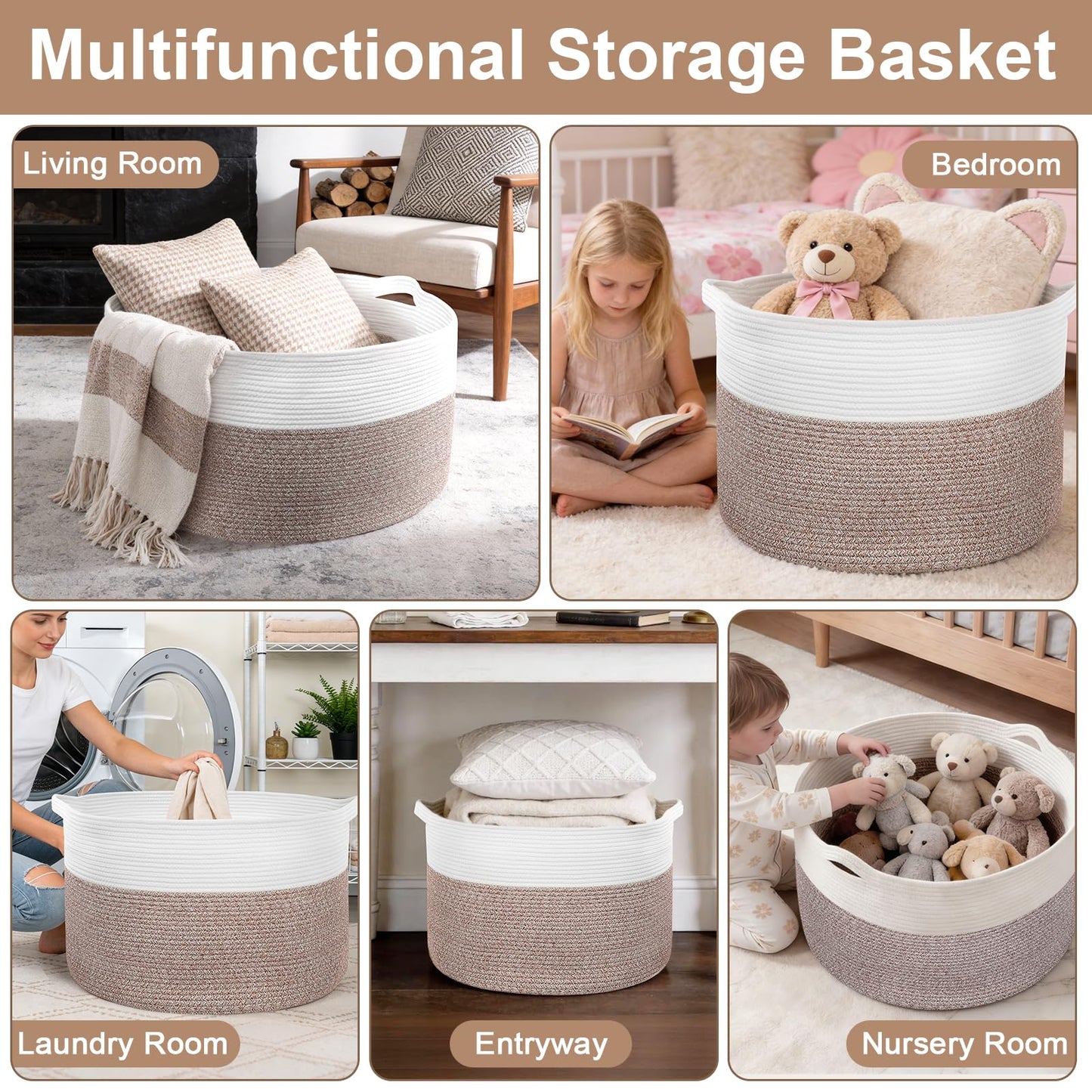 90L Extra Large Blanket Basket for Living Room - Cotton Rope Laundry Hamper Woven Baskets XXL Storage Bin with Handles for Dirty Clothes, Kids, Pets, Toys, Bedroom, 23'' x 23'' x 13'', White & Brown