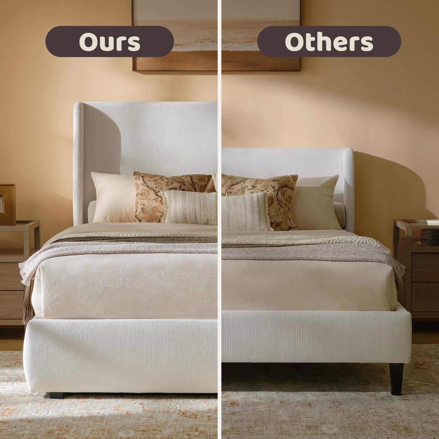 RECCI Queen Upholstered Wingback Bed Frame, 52” Tall Cushioned Headboard, Soft Edges, Low Profile Platform Bed, Sturdy Wood Slats, No Box Spring Needed, Ivory White Canvas