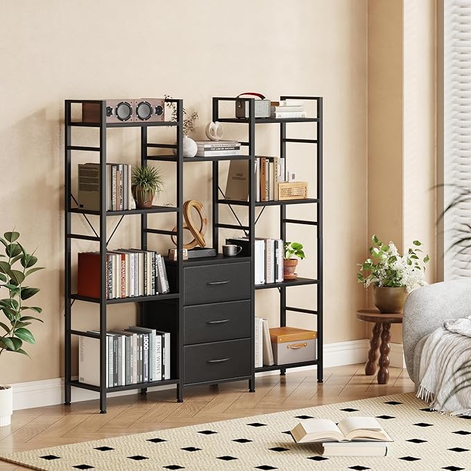 AFLUI Triple Bookshelf with 3 Fabric Drawers, 4-Tier Book Shelf and 10 Display Shelves, Industrial Large Bookcase for Home & Office, Black, 47'' Wide