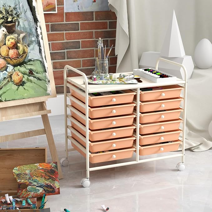 COSTWAY 12-Drawer Rolling Storage Cart, Utility Storage Organizer Cart for Tools, Scrapbook, Paper, Craft, Multipurpose Art Supply Organizer on Wheels for Home Office School, Teacher, Peach