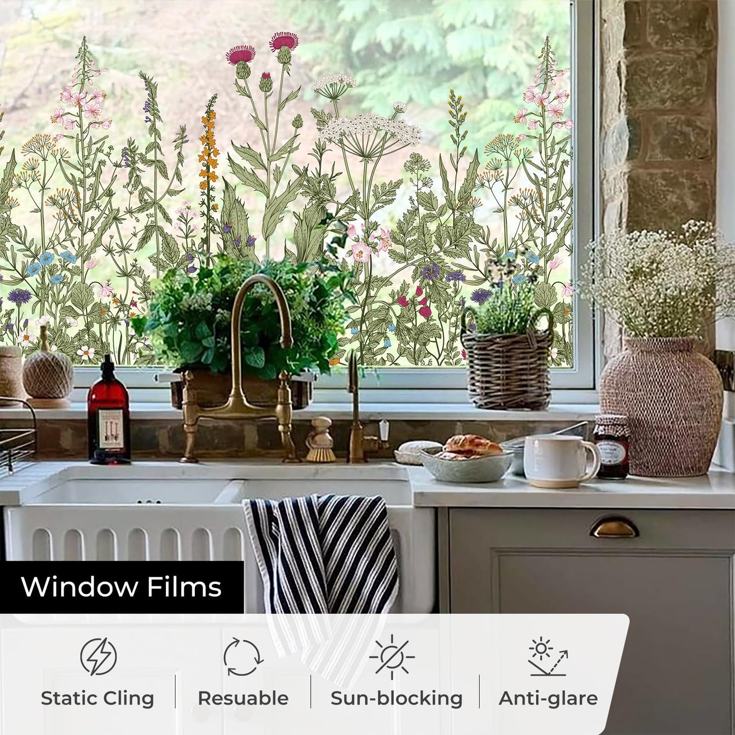 ADD.HERES Window Privacy Film,Colorful Floral Window Stickers,Removable DIY Bouquet Static Clings, Decals for Home School Office Party Supplies, Wildflower Reverie‌, 17.5 x 78.7 in