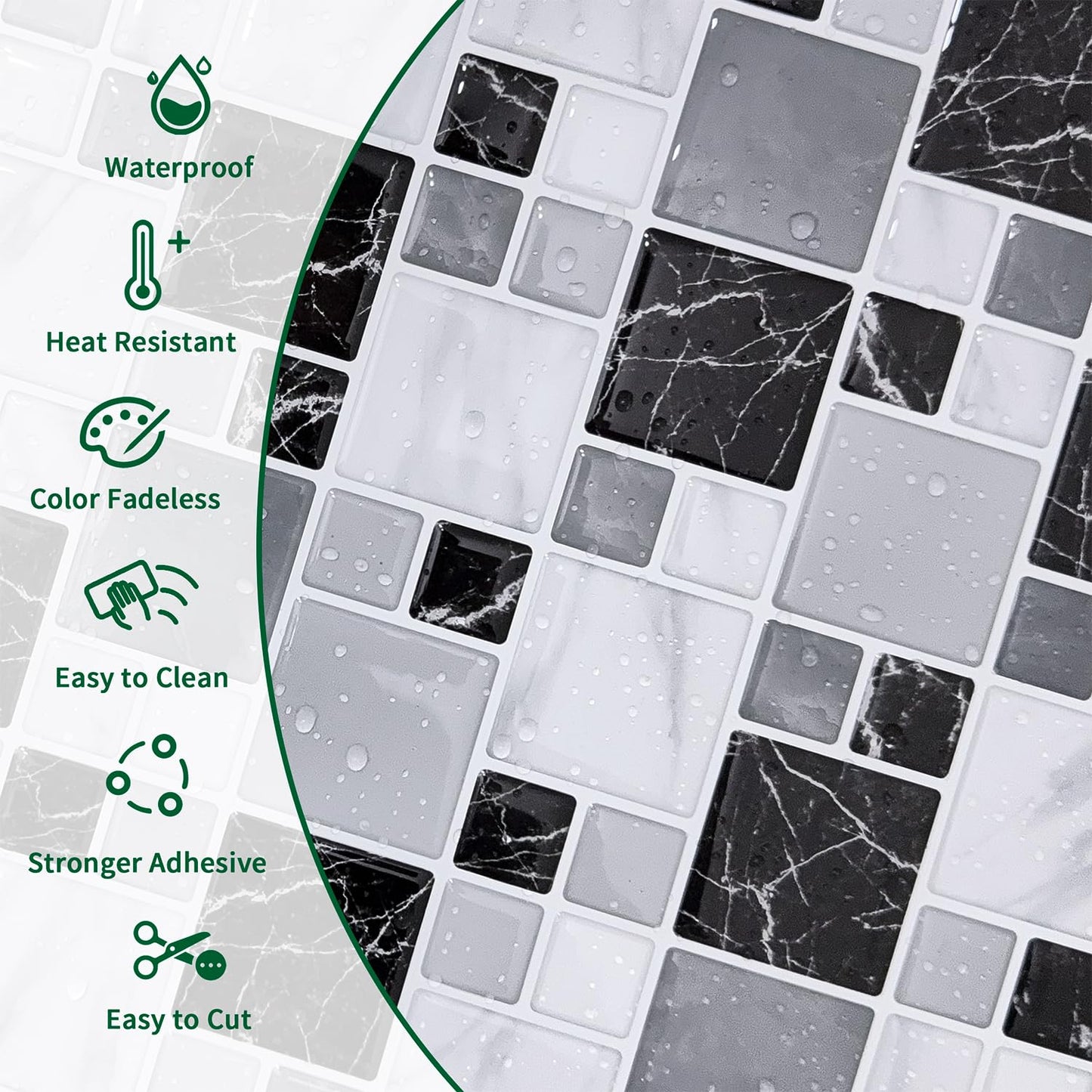 10-Sheet Peel and Stick Backsplash for Kitchen, 10” x 10” Self Adhesive Marble Gray Wall Tile Waterproof Removable Stick on Backsplash for Kitchen Bathroom Fireplace, Grey Marble