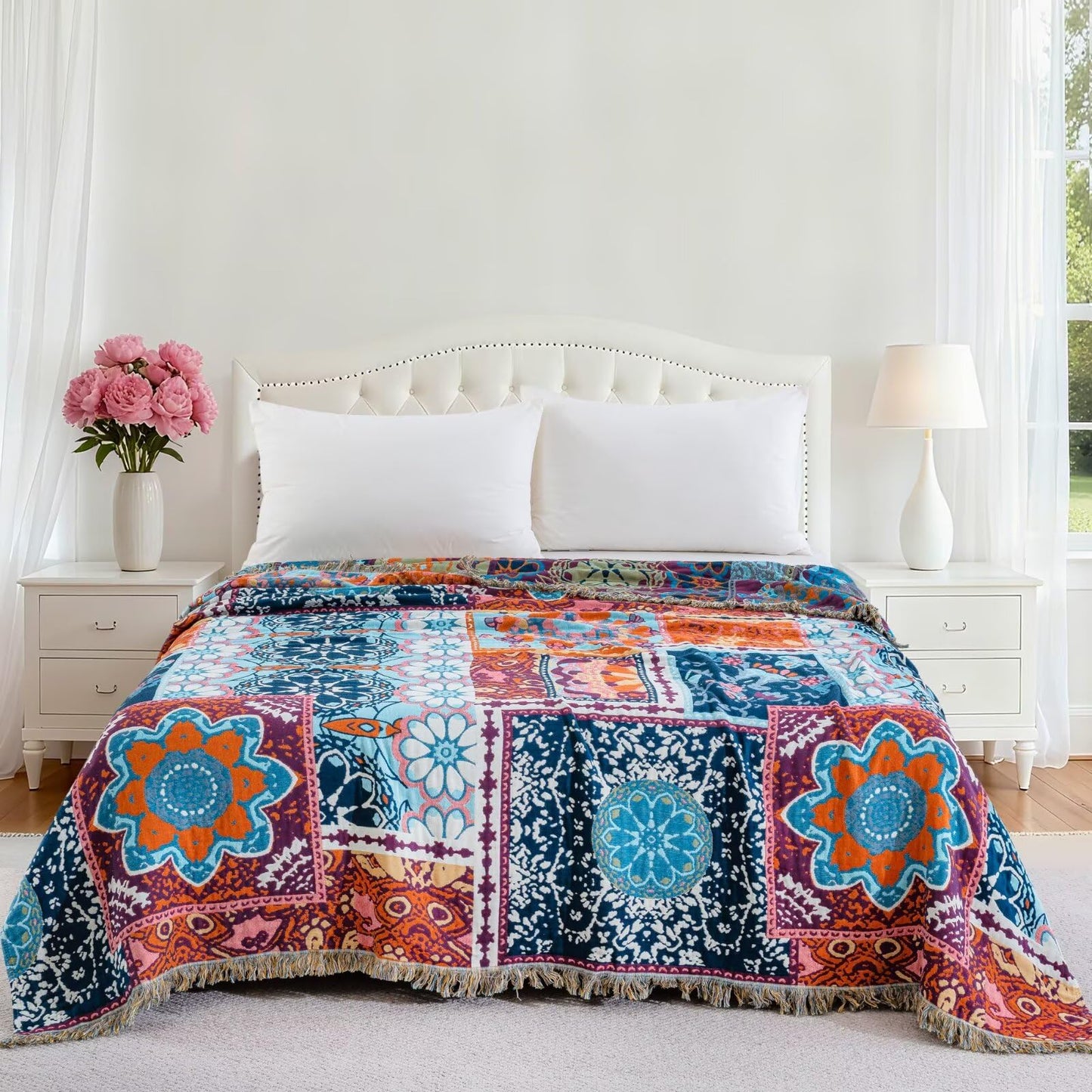 BRYALIX 100% Cotton Muslin Floral Bed Throw Blanket, Lightweight Muslin Quilt, Boho Farmhouse with Fringe, Blue Orange Pink Patchwork, Reversible Jacquard Blanket for Home, Picnic, Travel, 90"x98"