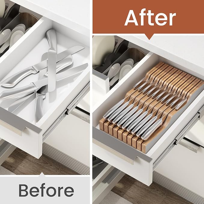 In-Drawer Knife Block Organizer - Bamboo Wood Drawer Knife Organizer-Protecting Knife Organizer Block (Not Included) (White, 19 Knives Dock)