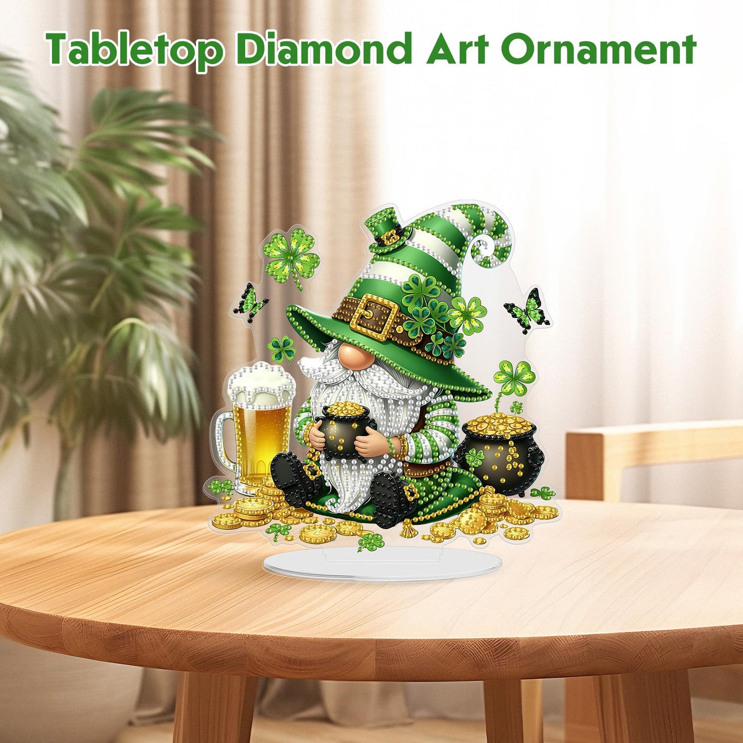 MEIYUDA St. Patrick's Day Diamond Art Tabletop Kits, Beer Gnome Diamond Art Painting Desktop Ornaments for Adult, DIY Special Shaped Crystal Desk Placement Ornament for Home Decor