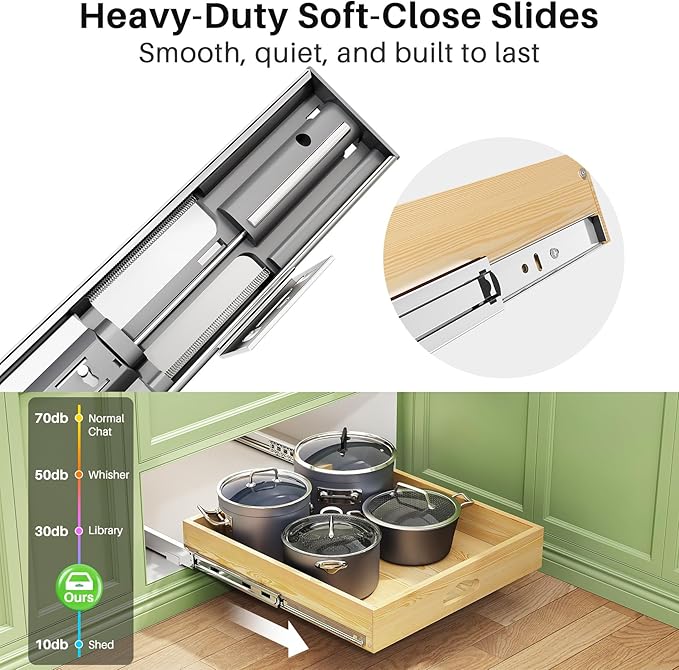 Pull Out Cabinet Organizer, Soft Close Wooden Slide Out Drawers for Pots and Pans, Full-extension Roll Out Shelves for Kitchen Cabinets, Pantry Organization, Bottom & Side Mount(17"W X 21"D x 3.4''H)