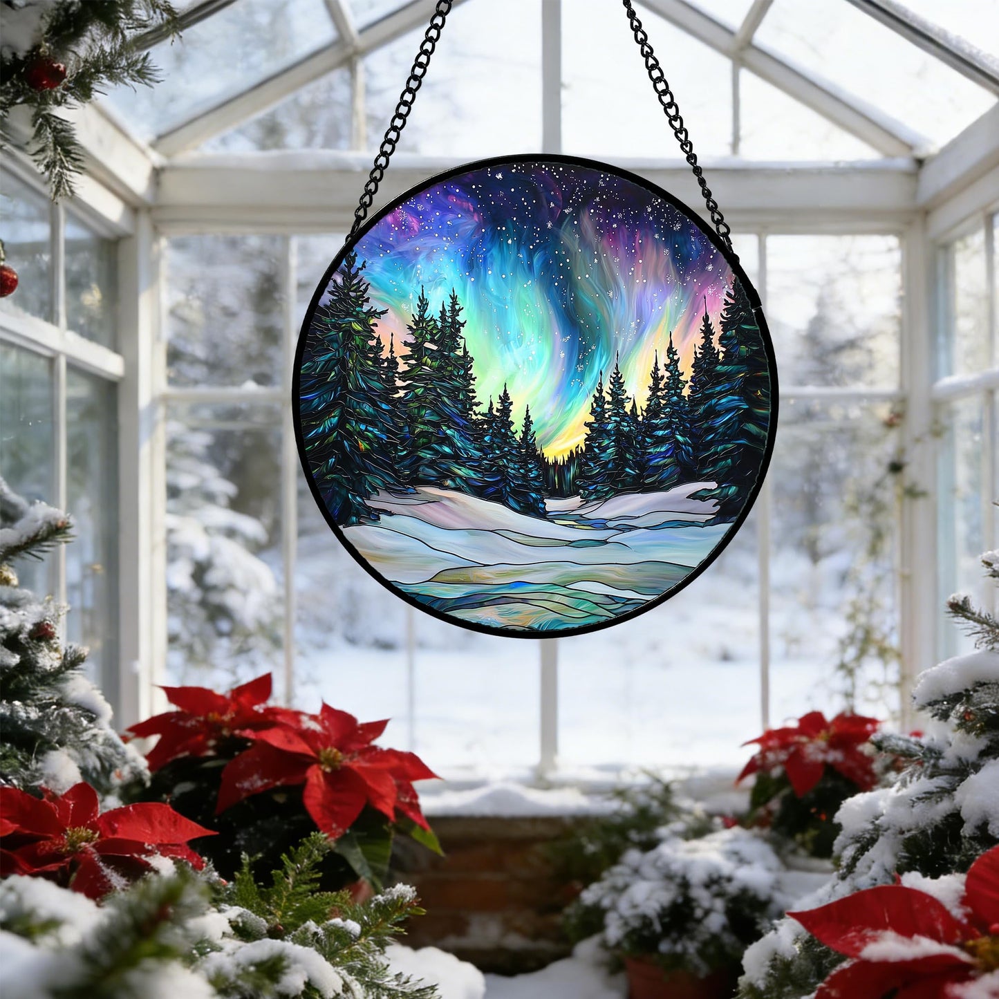 DASTOLL Stained Glass Window Hanging, Aurora Landscape Sun Catchers Glass Panel Green Trees Suncatcher Decor for Birthday for Women, Men, Wife, Aunt, and Mom 7.8 in