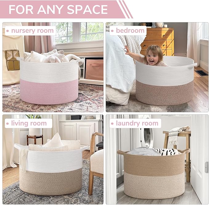 INDRESSME 115L Extra Large Pink Laundry Basket for Nursery Stuffed Animal Storage, Blanket Rope Baby Baskets Kids Toy Organizer Dorm Room Essentials for Girls, Pink