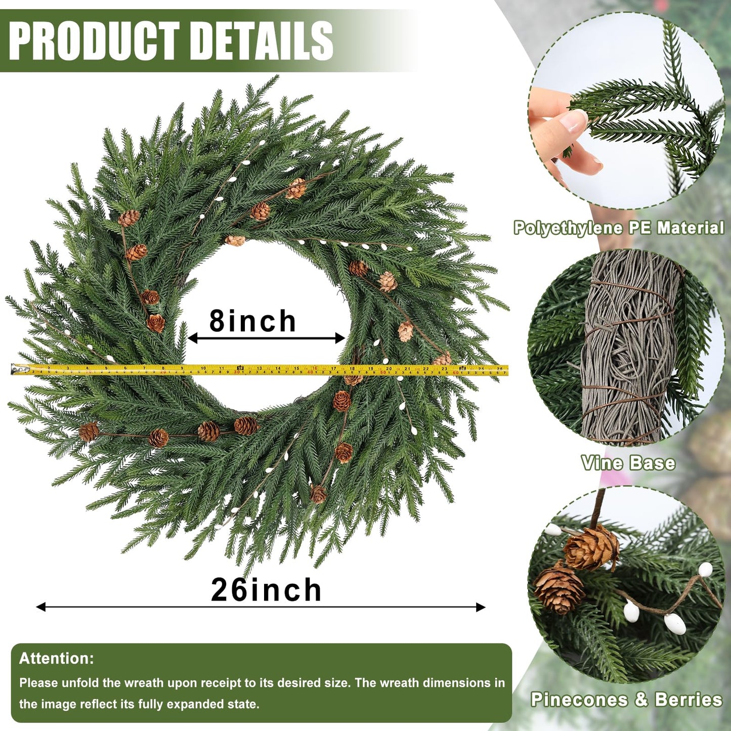 Artgar 26 Inch Pine Wreath - Christmas Wreaths for Front Door - Real Touch Pine Wreath with Pinecones Berries - Large Artificial Green Wreaths for Home Wall Window Porch Farmhouse Outdoor Xmas Decor