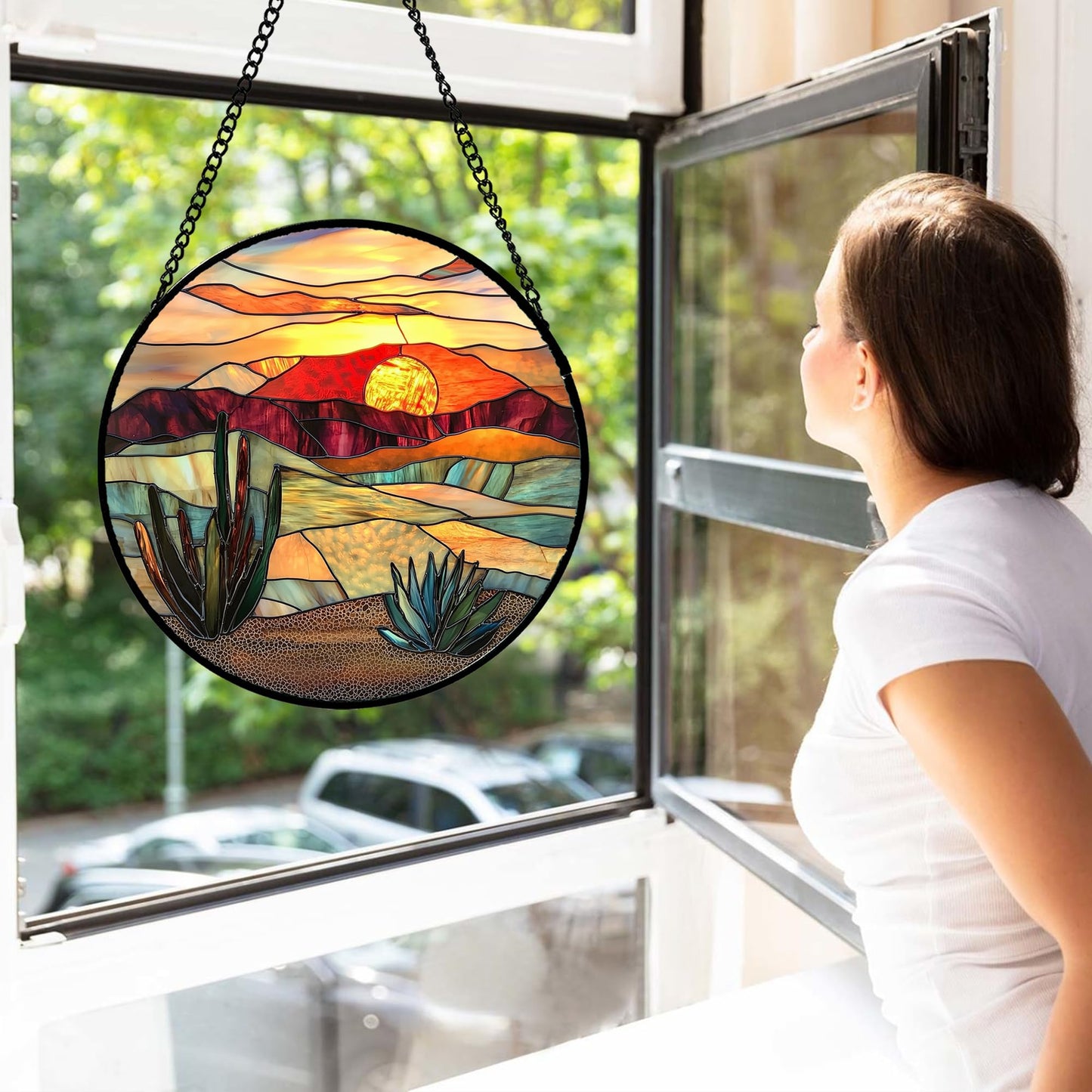 DASTOLL Stained Glass Window Hanging, Desert Scenery Lake Suncatcher for Doors Window Home Tan Tree Sun Catchers Decoration Mother's Day Birthday Gifts for Women, Men, and Mom 6.3 in