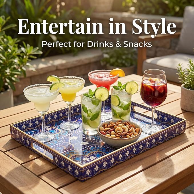 Decorative Serving Tray with Handles - 15.7" x 11.8" Blue Mandala Pattern Rectangular Plastic Platter - Boho Coffee Table Tray for Ottoman, Breakfast in Bed & Living Room Decor