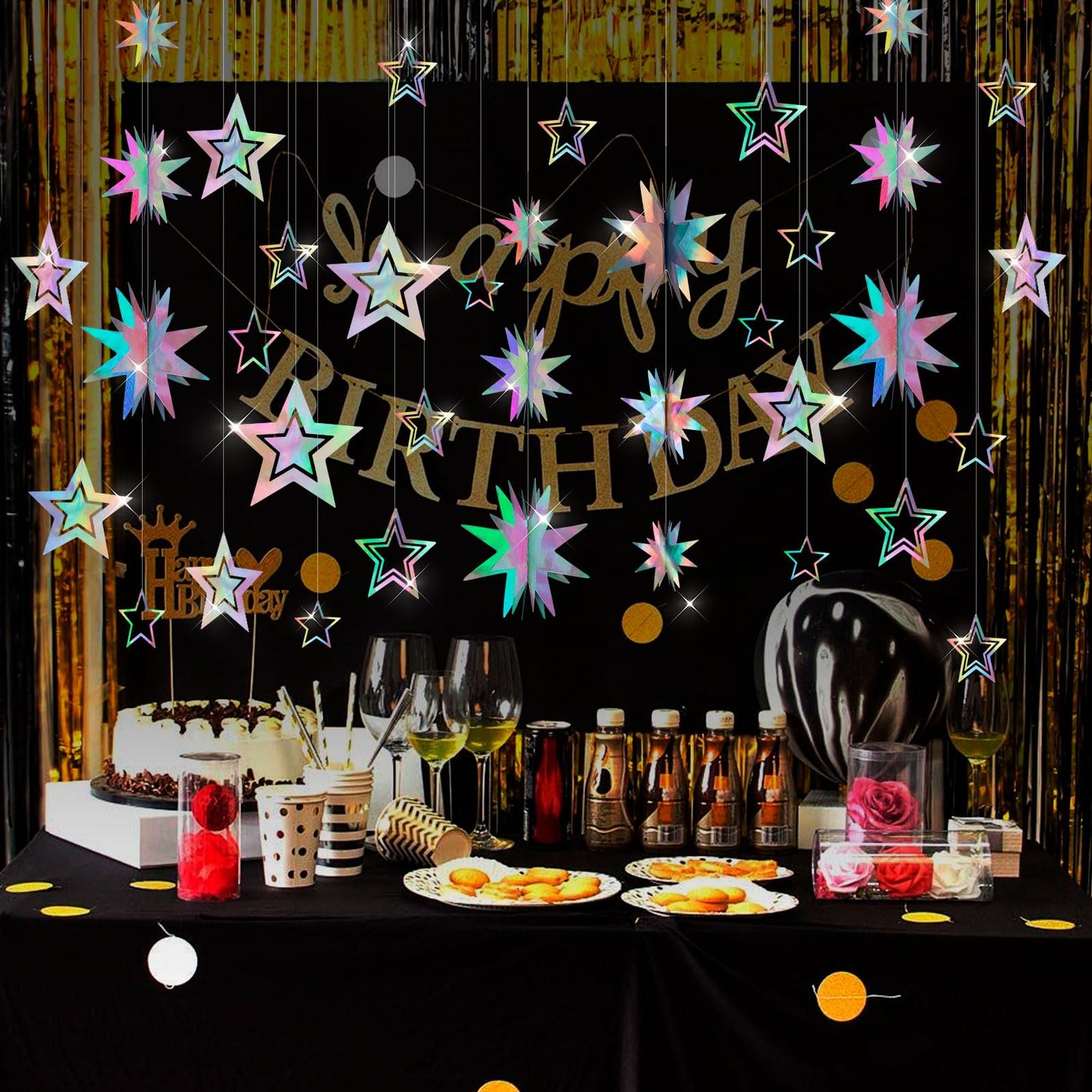 KINYFY Star Garland Decorations Kit, Holographic Twinkle Little Stars Garlands, Glitter 3D Star Hanging Streamer Backdrop Banner for Birthday, Baby Shower, Graduation, Wedding, Ramadan, EID
