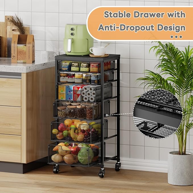 6-Tier Kitchen Storage Cart -Fruit Vegetable Storage Cart with Drawers, Wooden Top Metal Wire Kitchen Organizer and Storage Cart with Wheels to Storage Onions Potatoes Cans Snacks for Kitchen