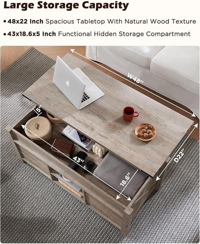 OKD 48" Farmhouse Lift Top Coffee Table with Sliding Barn Door,Rustic Center Table w/Hidden Storage Compartment, Lift Tabletop Dining Table w/Adjustable Shelf for Living Room,Light Rustic Oak