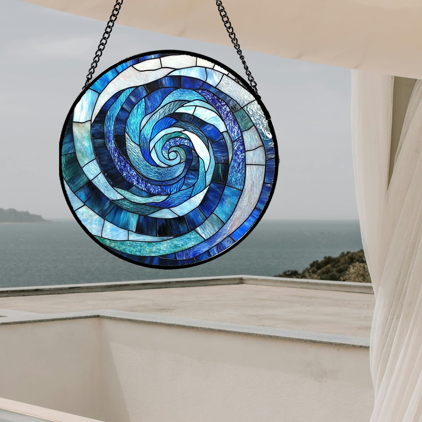 CRISGIF Stained Glass Window Hanging - Blue Abstract Swirl Suncatcher for Doors Garden Patio Unique Sun Catchers Decor Christmas Mother's Day Birthday Gifts for Women Men Mom Nana Friend 9.8 in