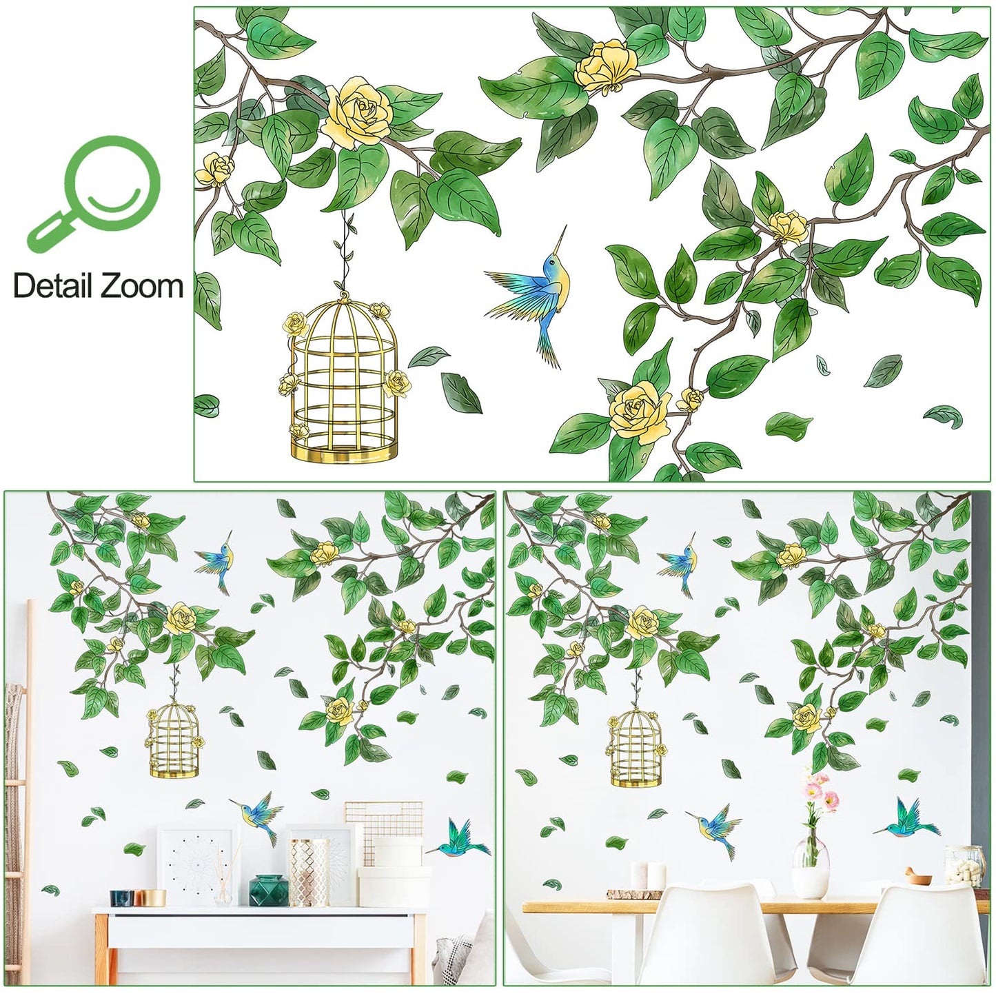 Amaonm Removable PVC Two Tree Branches With Green Leaves wall Sticker DIY Peel and Stick Flower and Birds Wall Decals Decor for Kids Girls Boys Bedroom Living Room Nursery Classroom Playroom Wall Background Decoration