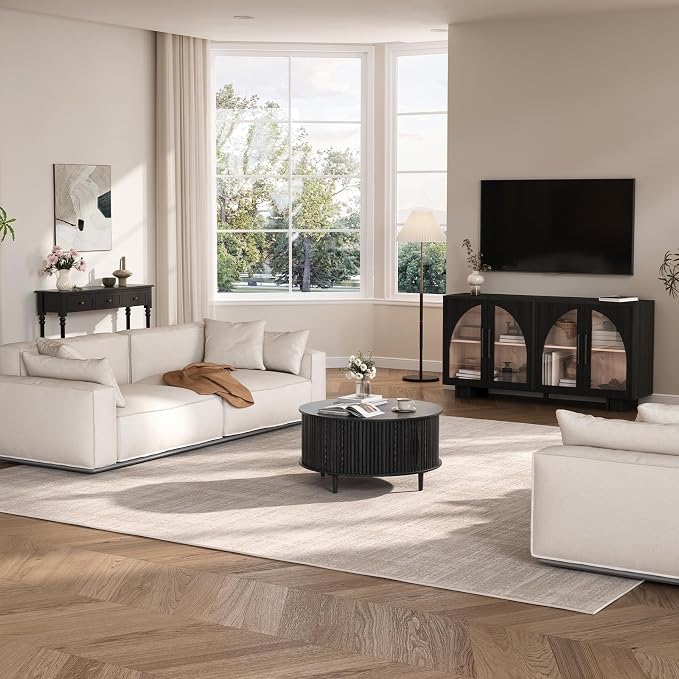 JOINICE,Black Round Coffee Table with Storage, 31.5" Fluted Center Table with Sliding Door, Modern Circle Drum Accent Table for Living Room, Sleek Wood Furniture for Small Spaces & Apartments