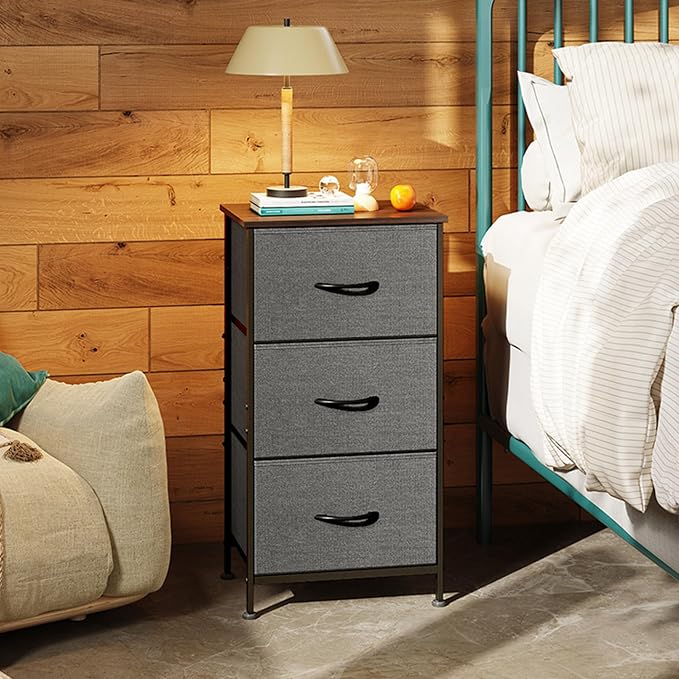 WLIVE Dresser with 3 Drawers, Fabric Nightstand, Organizer Unit, Storage Dresser for Bedroom, Hallway, Entryway, Closets, Sturdy Steel Frame, Wood Top, Easy Pull Handle, Dark Grey