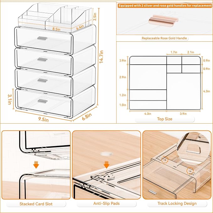 Yieach 5 Tier Clear Acrylic Makeup Organizers with Drawers,Tiered Countertop Make up Storage Organizer for Dresser Top and Bathroom Vanity,Plastic Makeup Stand for Brush,Skincare,Beauty Organizers