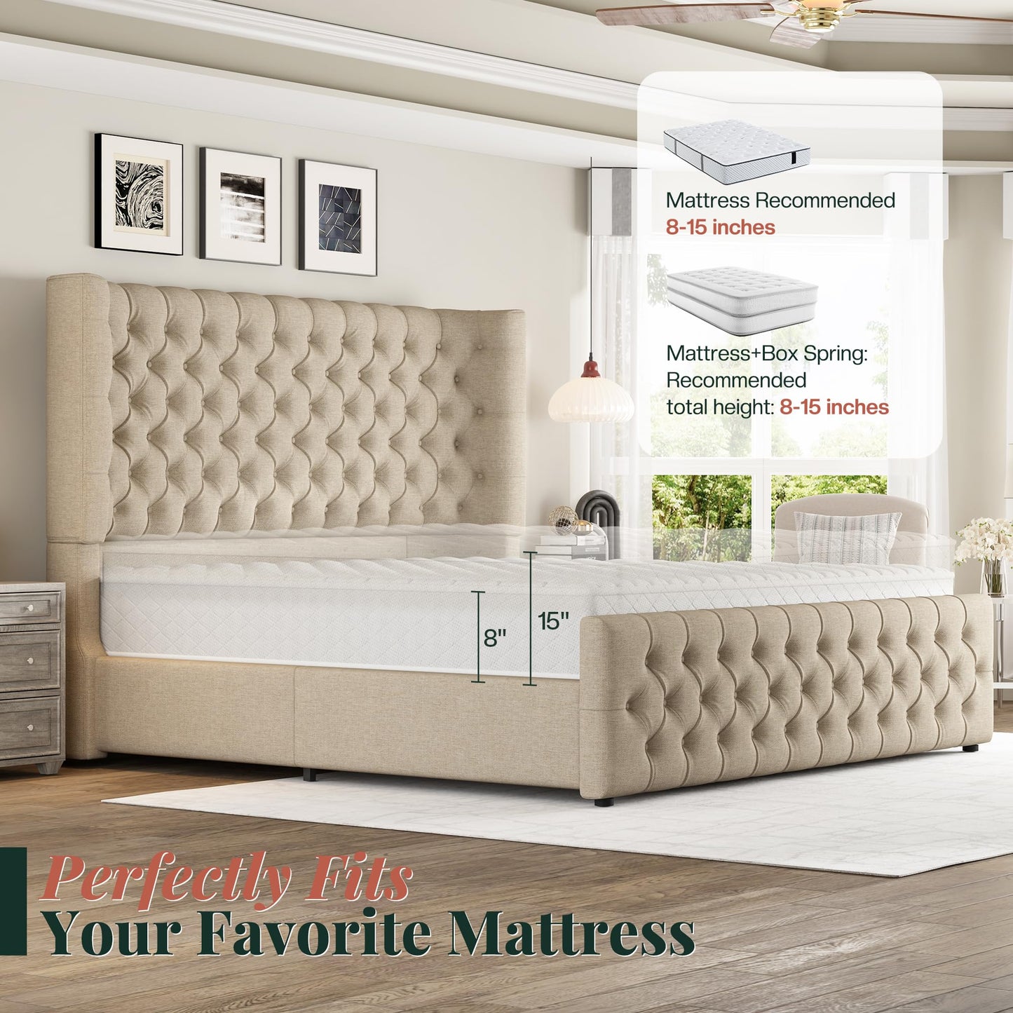 Jocisland King Size Platform Bed Frame, 6.3” Thick Upholstered Curved Wingback Headboard and Footboard with Deep Button Tufted, Easy Assembly, No Box Spring Needed, Khaki Linen