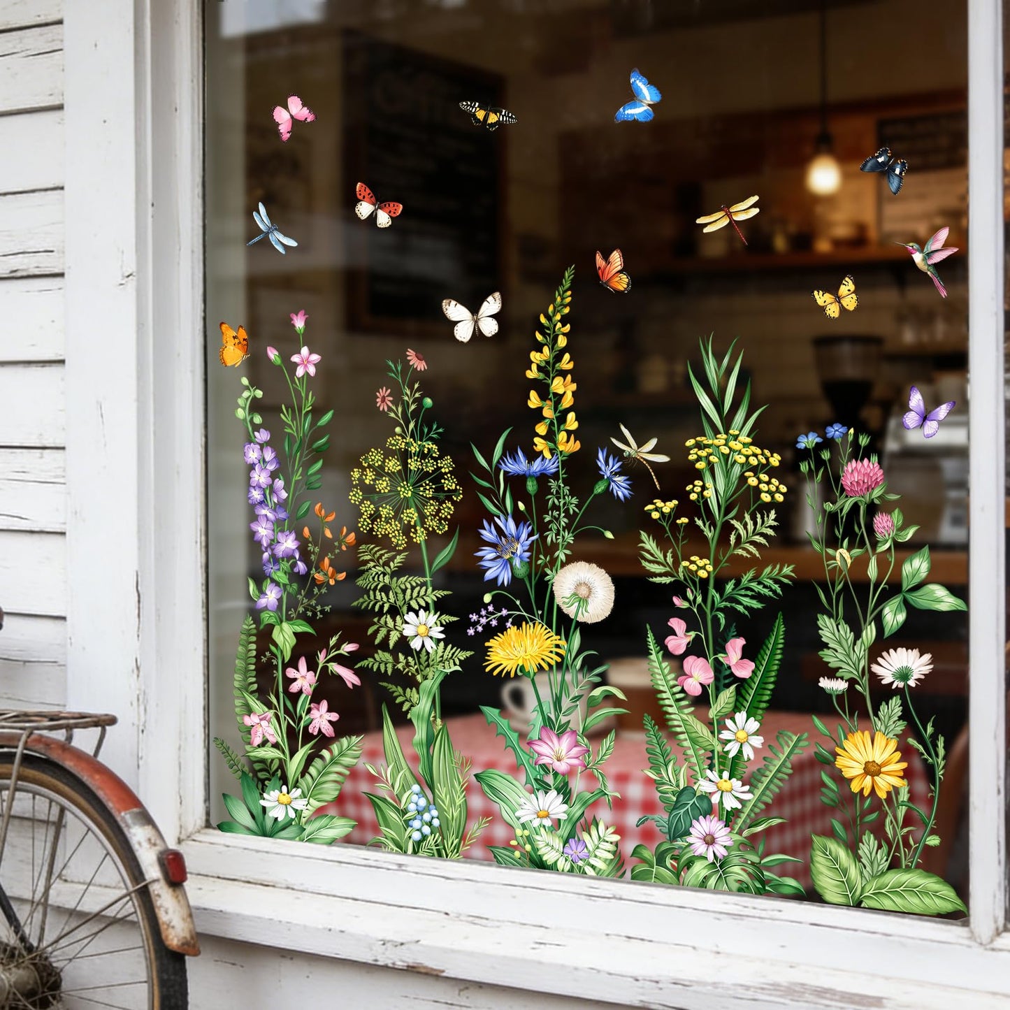 Tanlaby Wild Flower Window Clings Spring Floral Grass Wildflower Window Stickers with Butterfly Green Plant Static Window Decals for Home Glass Doors Decor