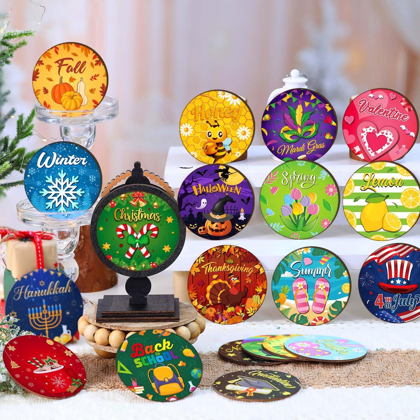 RattanView 21 Pcs Wooden Seasonal Decor Interchangeable Holiday Signs for Tiered Tray Farmhouse Table Centerpiece Mantel Desk All Year Decor for Winter Fall Valentine Home Decoration Gifts