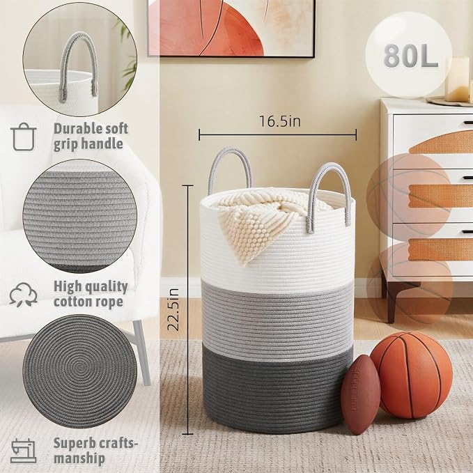Artfeel Laundry Basket,Woven Cotton Rope Laundry Hamper,80L for Decorative Storage of Dirty Clothes,Toys and Blankets in Bathroom,Bedroom and Living Room