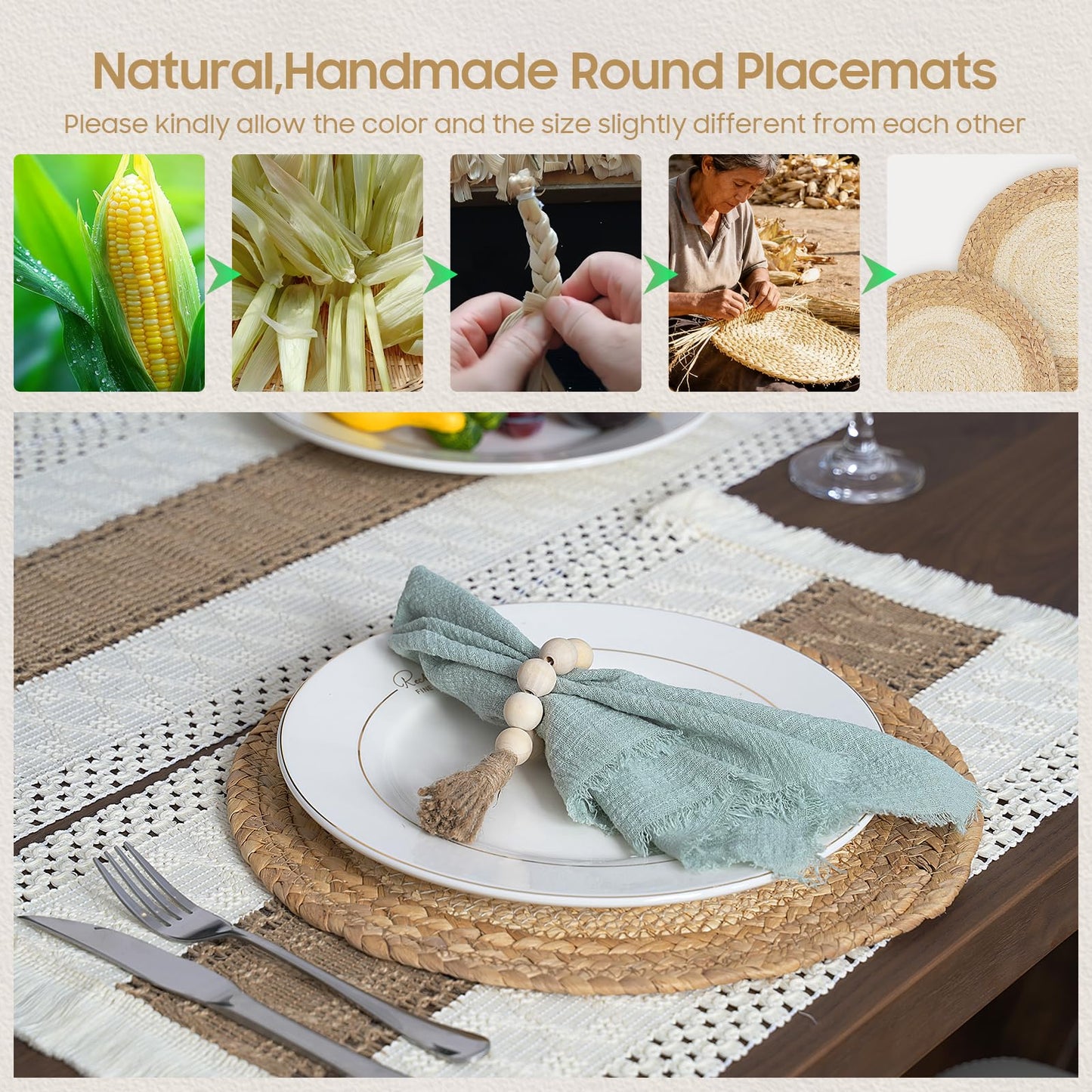 Zology Handmade Boho Placemats Set of 6 - Natural Cotton Burlap and Water Straw Woven Combination Table Mats, Macrame Décor and Farmhouse Style Placemats, for Dining Table Kitchen