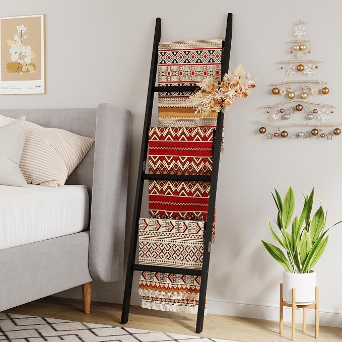Bamboo Towel Rack 6-Tier Blanket Ladder for Living Room, Bedroom, Bathroom Space-Saving Decorative Ladder for Quilts, Towels and More Black