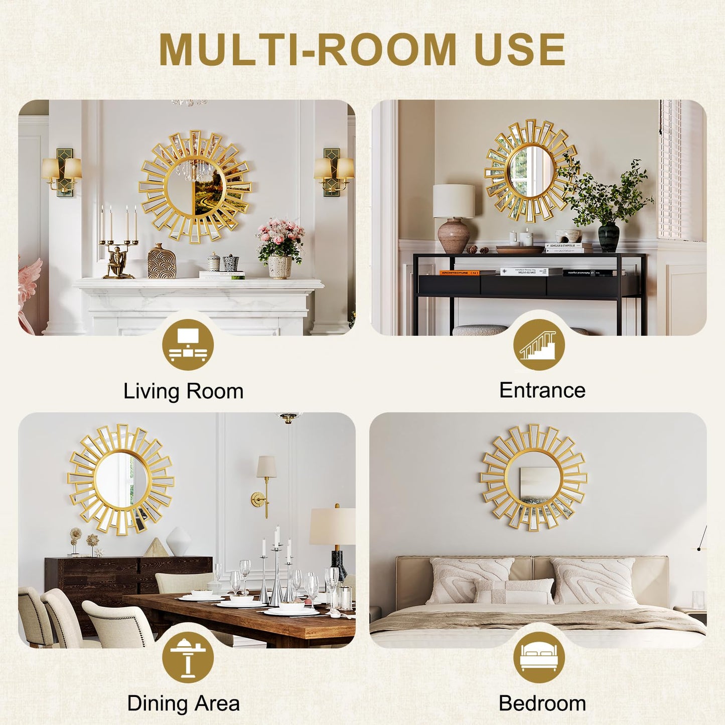 CozyDH Decorative Sunburst Mirror Gold - Large Sun Mirror for Wall Decor 24 inch, Round Modern Boho Sun Wall Art for Bedroom Living Room Hallway Bathroom Entrance