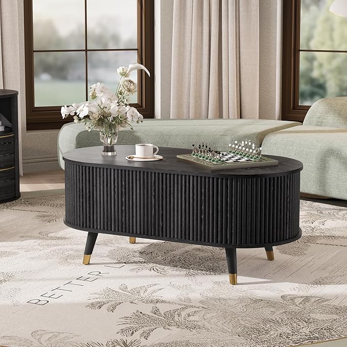 JOINICE 42.5" Oval Lift Top Coffee Table with Storage,Modern Black Center Table with Fluted Design, Solid Wood Legs & Hidden Compartment, Pop Up Coffee Table for Living Roomm